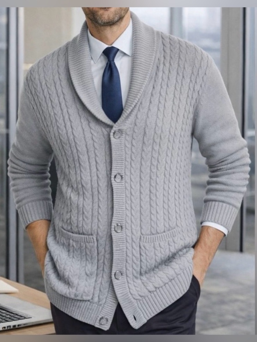 NWT MENS CLUB ROOM GREY HEATHER COTTON CHUNKY COLLAR KNIT CARDIGAN SWEATER - XXL